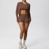 New cross-border solid color nude-feel brushed long-sleeve jacket tight-fitting three-piece sports running fitness yoga outfit set
