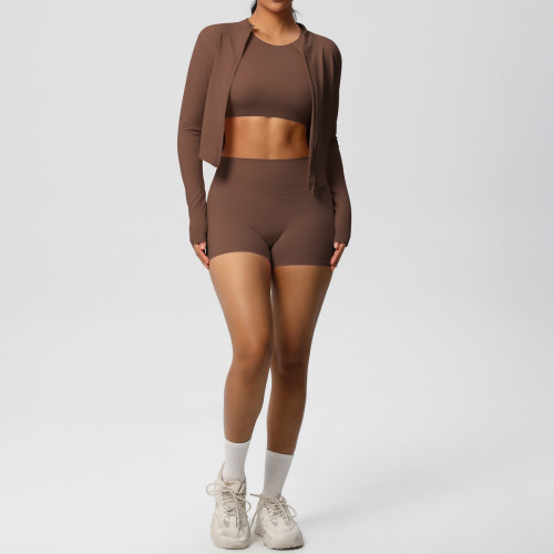 New cross-border solid color nude-feel brushed long-sleeve jacket tight-fitting three-piece sports running fitness yoga outfit set