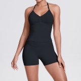 Cross-border seamless knitted solid color backless tank top and shorts yoga outfit set, tight-fitting running and fitness two-piece set
