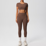 New cross-border European and American solid color double-sided brushed breathable tight-fitting yoga outfit set for sports, running, and fitness, eight-piece set