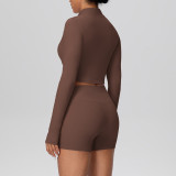 In-stock cross-border solid color brushed fabric nude-feel short jacket set with tight-fitting pocket shorts, two-piece fitness yoga outfit