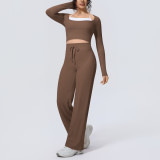 Cross-border solid color two-tone nude-feel tight-fitting high-elasticity faux two-piece yoga outfit set for women for sports, running, and fitness