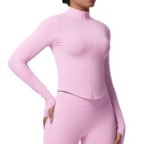 Cross-border seamless solid color tight-fitting high-elastic breathable stand-up collar zip-up jacket for women's sports, running, fitness, and yoga