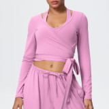 New cross-border solid color brushed quick-dry tight-fitting cross-strap V-neck long-sleeve sports running fitness yoga top for women
