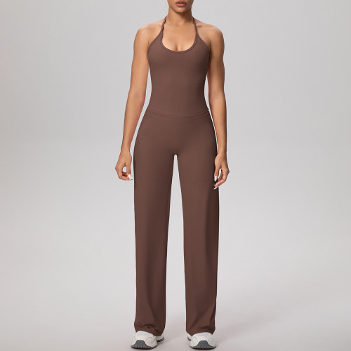 Cross-border solid color brushed fabric backless tight-fitting halter neck high-waisted yoga outfit set for sports, running, and fitness two-piece set