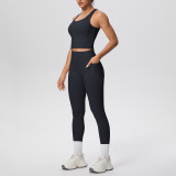 New cross-border double-sided brushed solid color breathable pocket long yoga outfit set for sports, running, and fitness two-piece set