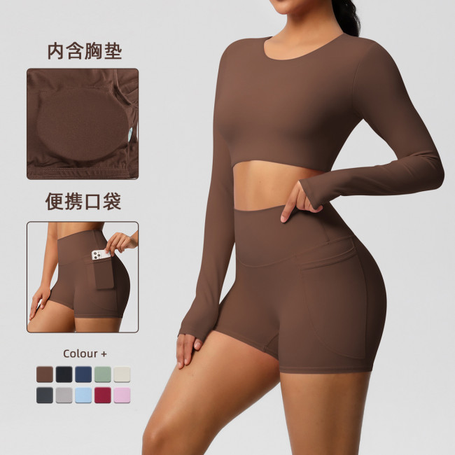 Cross-border European and American solid color double-sided nylon brushed yoga outfit with chest pads, two-piece sports running fitness set for women