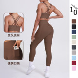 European and American cross-border seamless brushed fabric cross-back sports bra and butt-lifting pocket leggings two-piece fitness yoga outfit