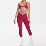 New cross-border brushed fabric color-block tight-fitting breathable cross-over wide-leg yoga outfit set for sports, running, and fitness two-piece set