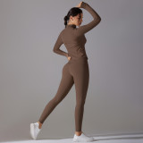 New cross-border solid color antibacterial no-underwear zipper jacket yoga outfit set for sports, running, and fitness two-piece set