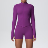New cross-border seamless solid color tight-fitting high-elastic breathable zippered sports suit two-piece set for running, fitness, and yoga