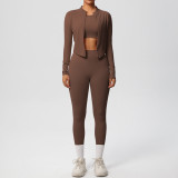 In-stock cross-border solid color brushed breathable tight-fitting fitness jacket three-piece sports running yoga outfit for women