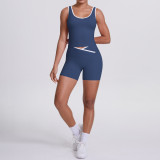 New cross-border double-sided brushed contrasting color tight-fitting breathable cross-over yoga outfit set for sports, running, and fitness two-piece set