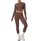 In-stock cross-border solid color double-sided brushed naked-feel short jacket set, tight-fitting running fitness yoga two-piece outfit