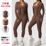 Cross-border European and American solid color brushed fabric breathable strap yoga outfit set, three-piece running and fitness sportswear for women