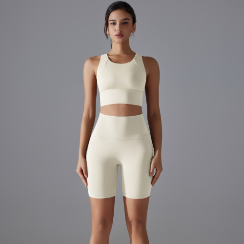 New tight-fitting solid color fixed cup sports bra yoga outfit set with antibacterial fitness shorts two-piece set for women