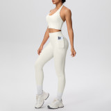 New cross-border solid color brushed fabric halter neck tank top and pocket pants yoga outfit set for women, suitable for sports, running, and fitness