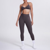 Cross-border seamless solid color halter neck bra and long pants yoga outfit set, tight-fitting running and fitness two-piece set