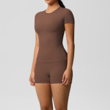 New cross-border European and American solid color double-sided nylon brushed short-sleeve yoga outfit set for sports, running, and fitness two-piece set