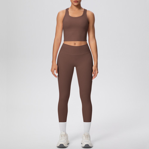 New cross-border double-sided brushed solid color breathable long yoga vest set, two-piece sports running fitness outfit