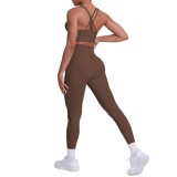 European and American cross-border seamless brushed fabric cross-back sports bra and casual butt-lifting long pants two-piece fitness yoga outfit