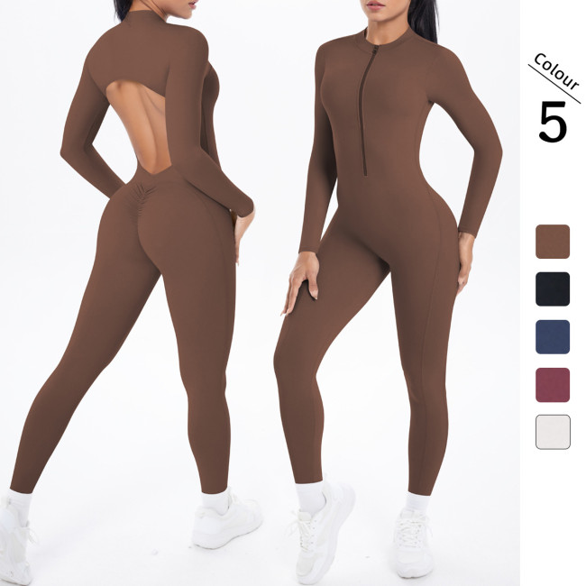 New cross-border double-sided nylon solid color backless hollow long-sleeve jumpsuit for sports, running, fitness, and yoga