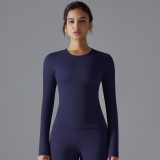 New double-sided brushed solid color long yoga shirt with long sleeves, high elasticity, breathable, suitable for sports, running, fitness, and casual wear for women
