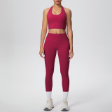 New cross-border solid color double-sided brushed fabric halter neck cropped pants yoga outfit set for women, suitable for sports, running, and fitness