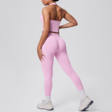 Cross-border European and American seamless tight-fitting halter neck backless yoga outfit set for women, two-piece running sports fitness yoga wear