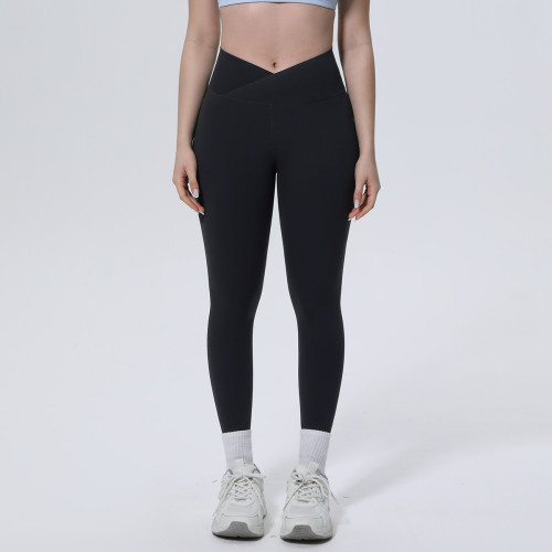 New cross-border European and American solid color double-sided nylon seamless cross-waist tight yoga pants for sports, running, and fitness