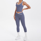 New cross-border double-sided brushed contrasting color tight-fitting breathable cross-over yoga outfit set for sports, running, and fitness two-piece set
