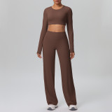 New cross-border solid color double-sided brushed nude-feel tight-fitting wide-leg sports yoga outfit set for running and fitness two-piece set