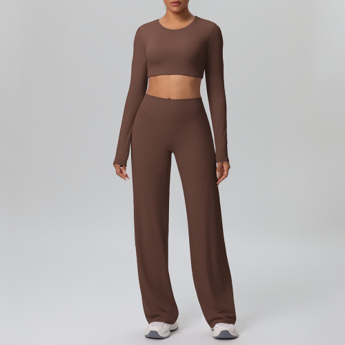 New cross-border solid color double-sided brushed nude-feel tight-fitting wide-leg sports yoga outfit set for running and fitness two-piece set