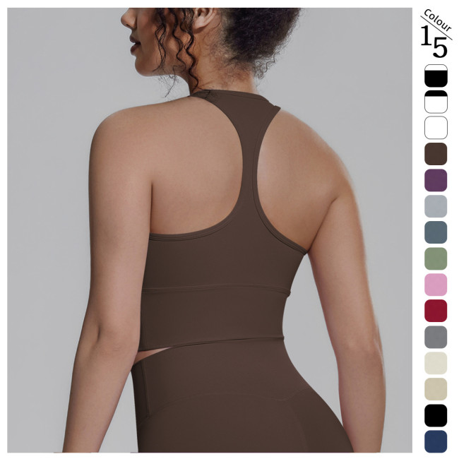 New cross-border solid color racerback tight-fitting breathable sports bra for running, fitness, and yoga, women's tank top
