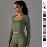 New cross-border seamless solid color polka dot striped T-shirt, high elasticity, low neck, tummy control, body shaping yoga wear, long sleeve top for women