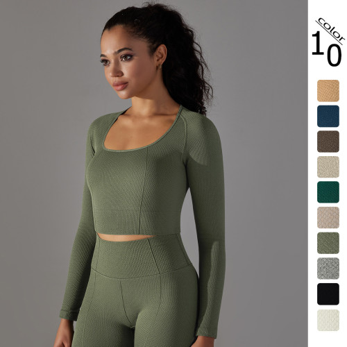 New cross-border seamless solid color polka dot striped T-shirt, high elasticity, low neck, tummy control, body shaping yoga wear, long sleeve top for women