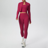 Cross-border solid color brushed tight-fitting high-elastic breathable long tank top three-piece sports running fitness yoga outfit set