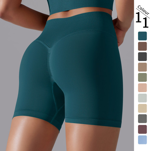 Cross-border European and American seamless solid color high-waisted butt-lifting tight high-elastic yoga shorts for women for sports, running, and fitness