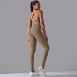 Cross-border European and American new seamless knit solid color backless tight-fitting high-waisted yoga outfit set for running and fitness two-piece set