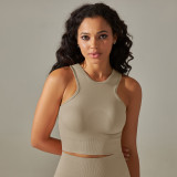Cross-border European and American seamless tight-fitting mid-length solid color high-elasticity yoga tank top sports running fitness yoga wear