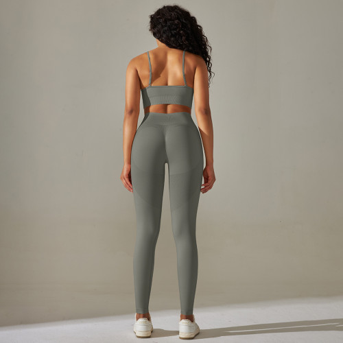 Cross-border European and American seamless knit solid color back-shaping, tummy-control, butt-lifting underwear yoga outfit with running and fitness cropped pants