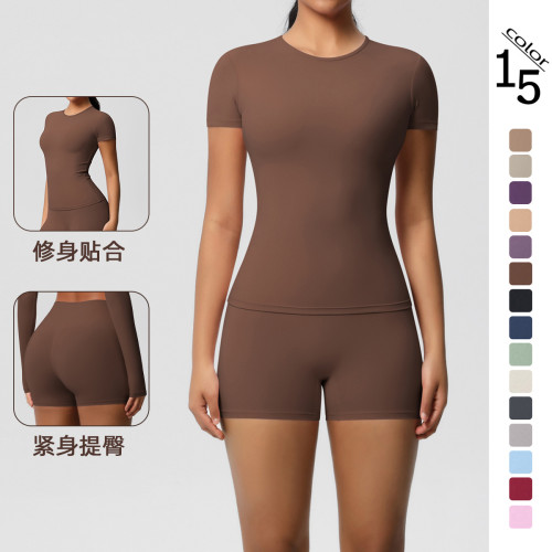 In-stock cross-border double-sided brushed solid color tight-fitting high-elastic shorts sports suit for running, fitness, and yoga for women