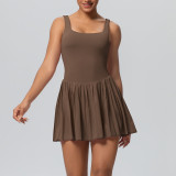Cross-border European and American style seamless two-piece sports dress with anti-exposure pockets, suitable for outdoor running, fitness, and tennis
