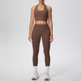 New cross-border solid color double-sided brushed fabric halter neck cropped pants yoga outfit set for women, suitable for sports, running, and fitness