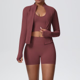 Cross-border seamless solid color high-elastic tight-fitting breathable short jacket yoga outfit sports running fitness three-piece set