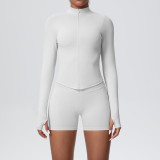 New cross-border seamless solid color tight-fitting high-elastic breathable zippered sports suit two-piece set for running, fitness, and yoga