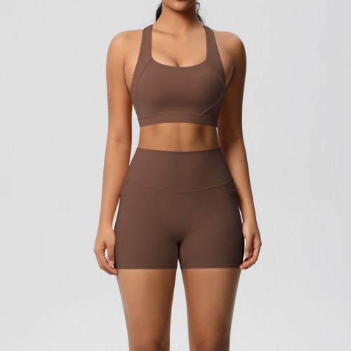 European and American cross-border double-sided brushed sports bra and pocket shorts two-piece set for Pilates, running, fitness, and yoga
