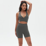 Cross-border seamless knitted high-elastic tight-fitting sexy yoga outfit set with cross-back design for running and fitness, two-piece set