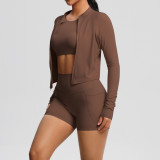 New European and American style naked-feel brushed long-sleeve sports jacket, casual pocket shorts, running butt-lifting yoga outfit three-piece set