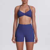 Cross-border seamless solid color halter neck bra and shorts yoga outfit set, tight-fitting running and fitness two-piece set